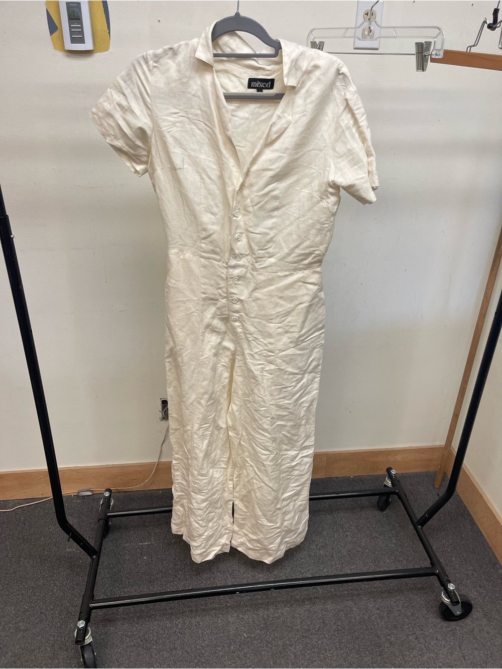 Mixed Cream Short-Sleeve Button-Front Jumpsuit